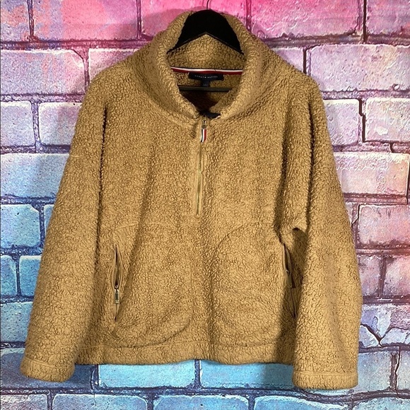 Tommy Hilfiger Jackets & Blazers - Tommy Hilfiger Tan Sherpa Fleece Pullover 1/4 Zip Large Cozy Winter Sweater